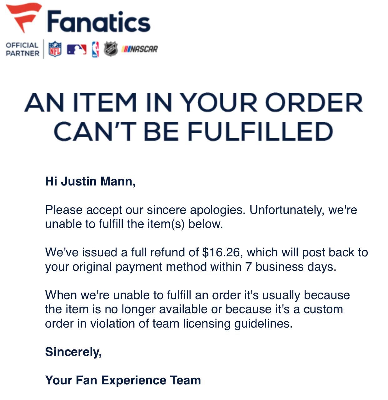 Fanatics Cancel Order Issue