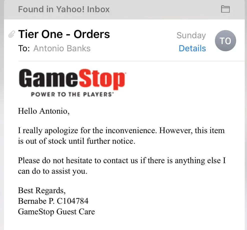Gamestop Order Cancelled